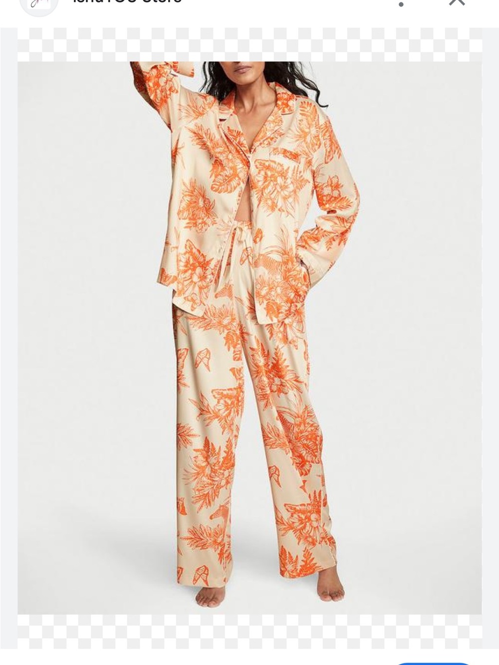 Victoria's Secret Cream Wide-Leg Pajama Pants with Orange Floral Print L/XL long